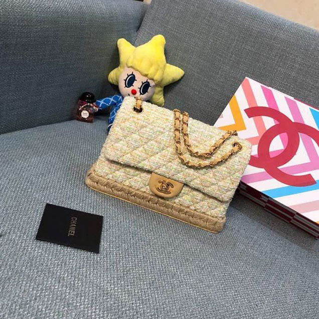 Chanel Tweed and Woven Straw Classic Flap Bag 25cm Gold Hardware Caviar Lambskin Leather Cruise 2019 Collection Yellow