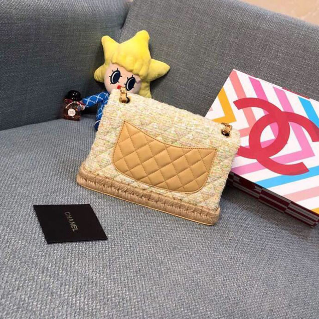 Chanel Tweed and Woven Straw Classic Flap Bag 25cm Gold Hardware Caviar Lambskin Leather Cruise 2019 Collection Yellow