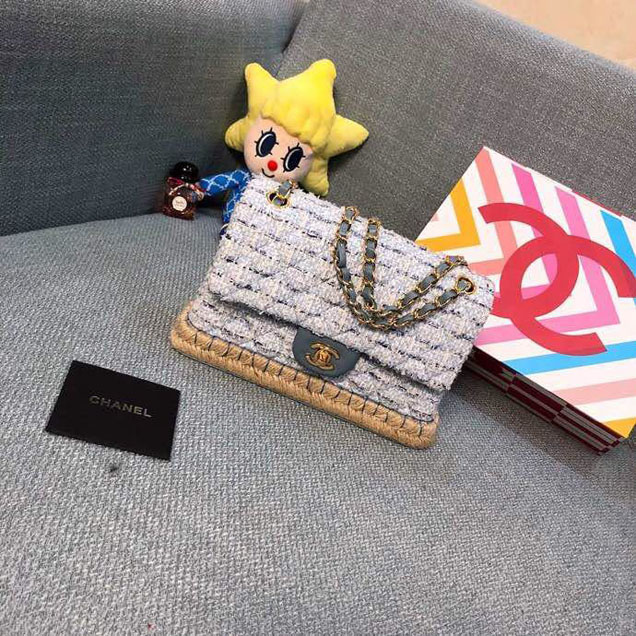 Chanel Tweed and Woven Straw Classic Flap Bag 25cm Gold Hardware Caviar Lambskin Leather Cruise 2019 Collection Blue