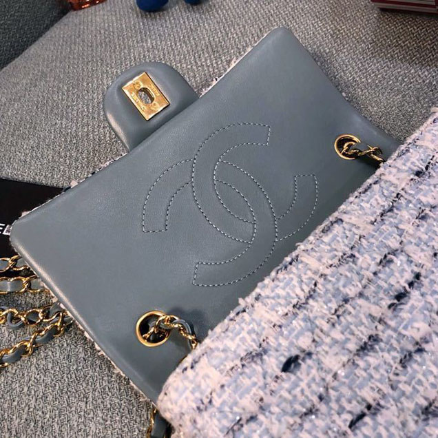 Chanel Tweed and Woven Straw Classic Flap Bag 25cm Gold Hardware Caviar Lambskin Leather Cruise 2019 Collection Blue