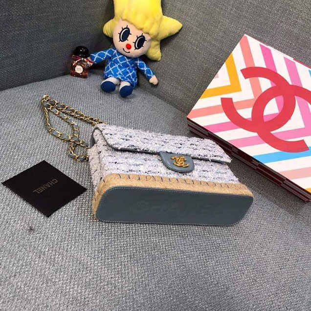Chanel Tweed and Woven Straw Classic Flap Bag 25cm Gold Hardware Caviar Lambskin Leather Cruise 2019 Collection Blue