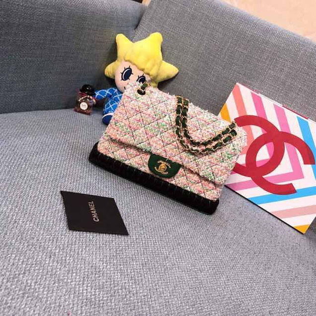 Chanel Tweed and Woven Straw Classic Flap Bag 25cm Gold Hardware Caviar Lambskin Leather Cruise 2019 Collection Green Multi