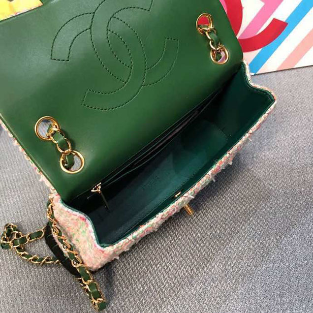Chanel Tweed and Woven Straw Classic Flap Bag 25cm Gold Hardware Caviar Lambskin Leather Cruise 2019 Collection Green Multi