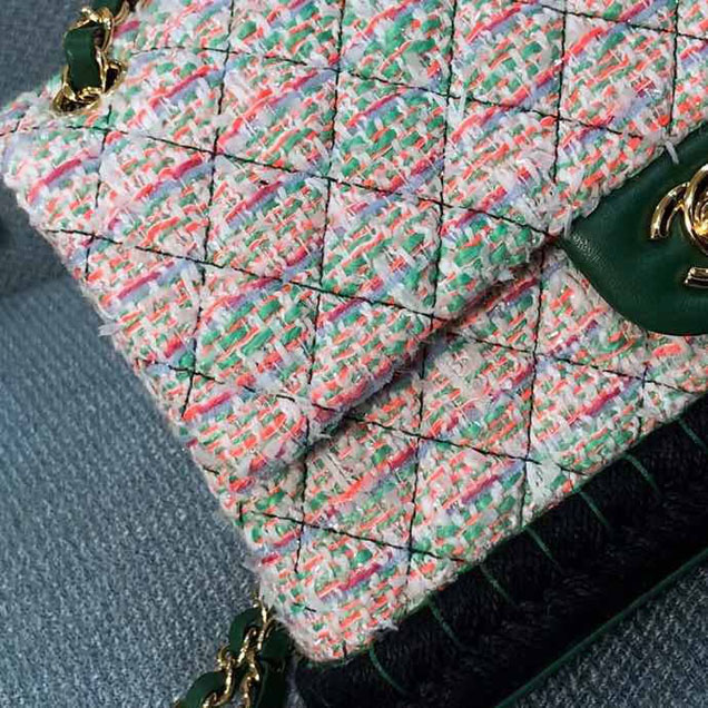 Chanel Tweed and Woven Straw Classic Flap Bag 25cm Gold Hardware Caviar Lambskin Leather Cruise 2019 Collection Green Multi