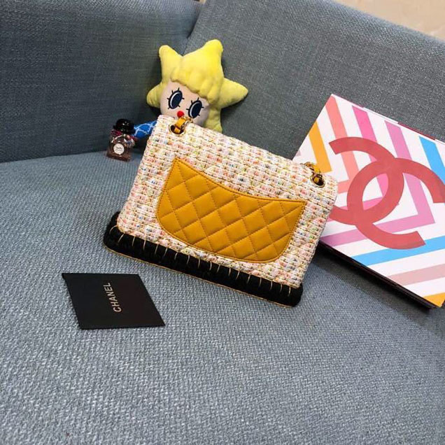 Chanel Tweed and Woven Straw Classic Flap Bag 25cm Gold Hardware Caviar Lambskin Leather Cruise 2019 Collection Yellow Multi