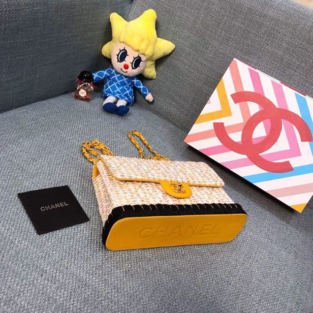 Chanel Tweed and Woven Straw Classic Flap Bag 25cm Gold Hardware Caviar Lambskin Leather Cruise 2019 Collection Yellow Multi