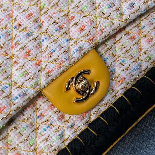 Chanel Tweed and Woven Straw Classic Flap Bag 25cm Gold Hardware Caviar Lambskin Leather Cruise 2019 Collection Yellow Multi