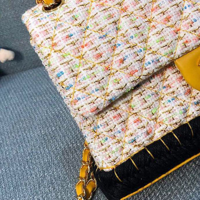 Chanel Tweed and Woven Straw Classic Flap Bag 25cm Gold Hardware Caviar Lambskin Leather Cruise 2019 Collection Yellow Multi