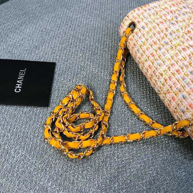 Chanel Tweed and Woven Straw Classic Flap Bag 25cm Gold Hardware Caviar Lambskin Leather Cruise 2019 Collection Yellow Multi