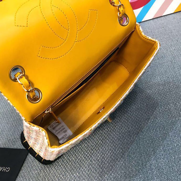 Chanel Tweed and Woven Straw Classic Flap Bag 25cm Gold Hardware Caviar Lambskin Leather Cruise 2019 Collection Yellow Multi