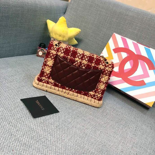 Chanel Tweed and Woven Straw Classic Flap Bag 25cm Gold Hardware Caviar Lambskin Leather Cruise 2019 Collection Wine Red
