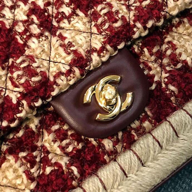 Chanel Tweed and Woven Straw Classic Flap Bag 25cm Gold Hardware Caviar Lambskin Leather Cruise 2019 Collection Wine Red