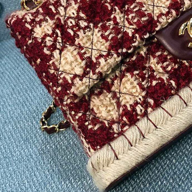 Chanel Tweed and Woven Straw Classic Flap Bag 25cm Gold Hardware Caviar Lambskin Leather Cruise 2019 Collection Wine Red