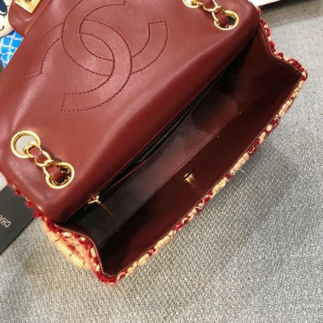 Chanel Tweed and Woven Straw Classic Flap Bag 25cm Gold Hardware Caviar Lambskin Leather Cruise 2019 Collection Wine Red