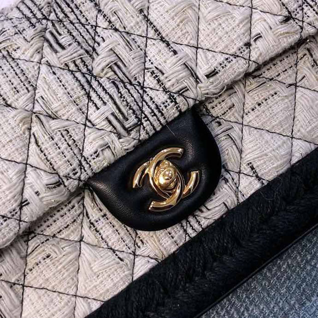 Chanel Tweed and Woven Straw Classic Flap Bag 25cm Gold Hardware Caviar Lambskin Leather Cruise 2019 Collection Black White