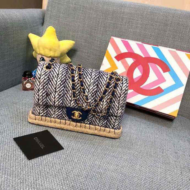 Chanel Tweed and Woven Straw Classic Flap Bag 25cm Gold Hardware Caviar Lambskin Leather Cruise 2019 Collection Navy Blue