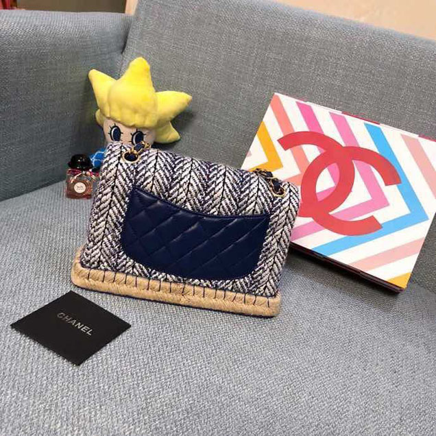 Chanel Tweed and Woven Straw Classic Flap Bag 25cm Gold Hardware Caviar Lambskin Leather Cruise 2019 Collection Navy Blue