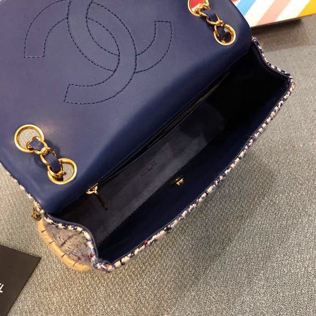 Chanel Tweed and Woven Straw Classic Flap Bag 25cm Gold Hardware Caviar Lambskin Leather Cruise 2019 Collection Navy Blue
