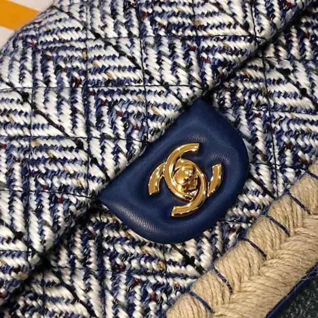 Chanel Tweed and Woven Straw Classic Flap Bag 25cm Gold Hardware Caviar Lambskin Leather Cruise 2019 Collection Navy Blue