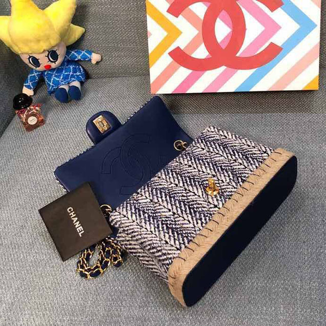 Chanel Tweed and Woven Straw Classic Flap Bag 25cm Gold Hardware Caviar Lambskin Leather Cruise 2019 Collection Navy Blue