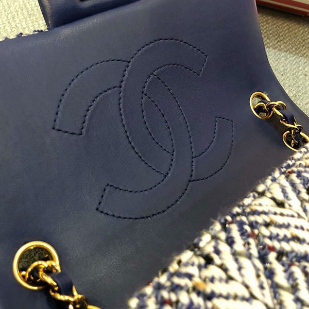 Chanel Tweed and Woven Straw Classic Flap Bag 25cm Gold Hardware Caviar Lambskin Leather Cruise 2019 Collection Navy Blue