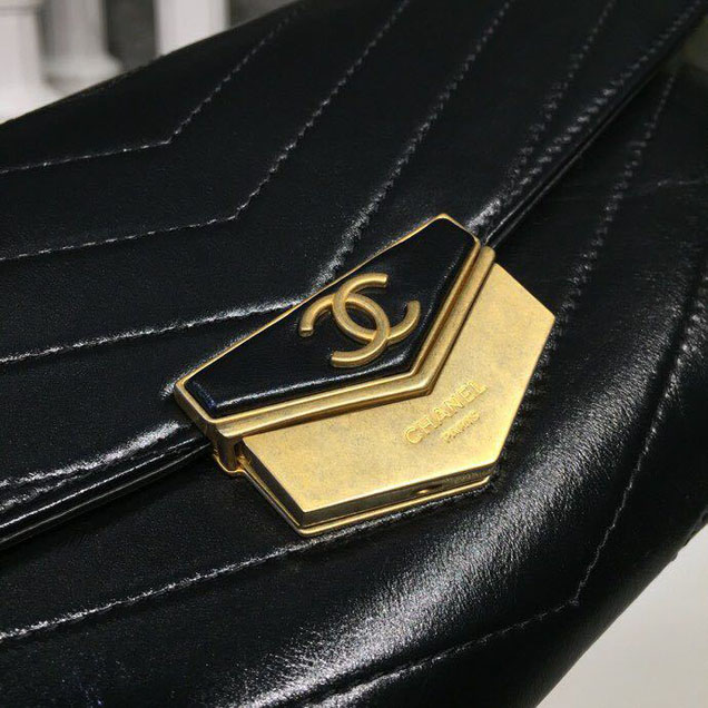 Chanel Chevron Calfskin Envelope Clutch Bag A57493 25cm Gold Hardware Lambskin Leather Metiers d鈥橝rt Paris-Hamburg 2018 Black