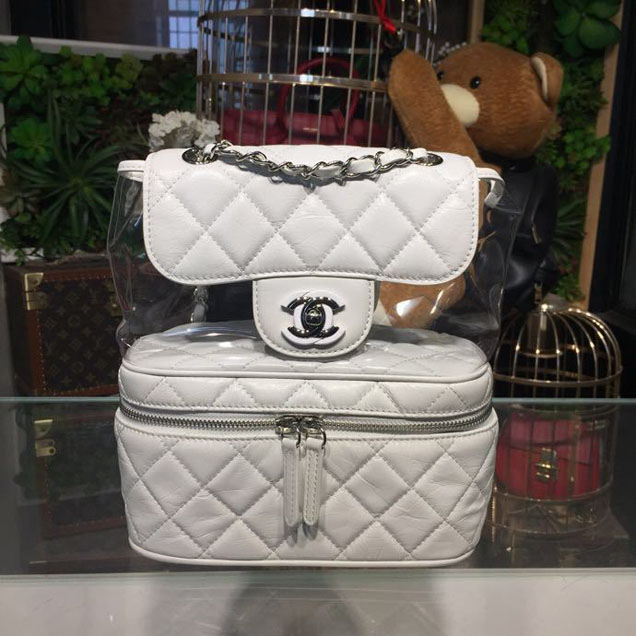 Chanel Crumpled Calfskin PVC Aquarium Backpack Bag 22cm Silver Hardware Lambskin Leather Spring Summer Collection White