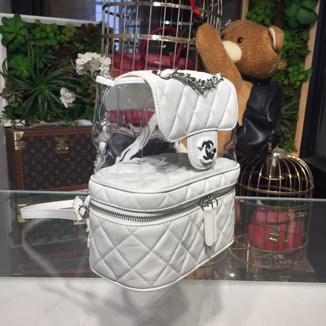 Chanel Crumpled Calfskin PVC Aquarium Backpack Bag 22cm Silver Hardware Lambskin Leather Spring Summer Collection White