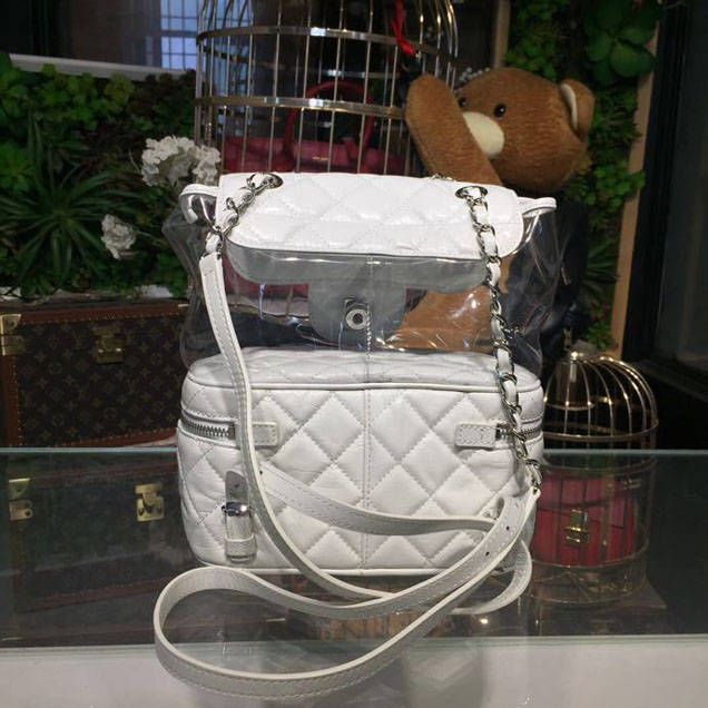 Chanel Crumpled Calfskin PVC Aquarium Backpack Bag 22cm Silver Hardware Lambskin Leather Spring Summer Collection White