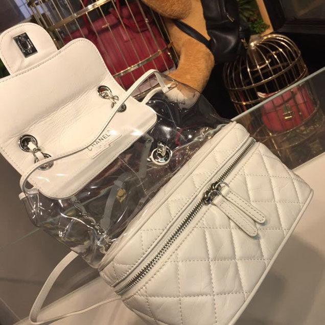 Chanel Crumpled Calfskin PVC Aquarium Backpack Bag 22cm Silver Hardware Lambskin Leather Spring Summer Collection White