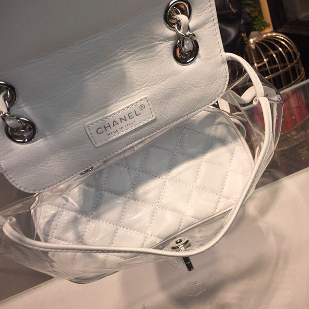 Chanel Crumpled Calfskin PVC Aquarium Backpack Bag 22cm Silver Hardware Lambskin Leather Spring Summer Collection White