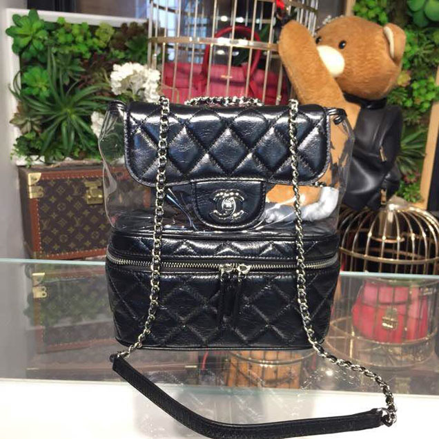 Chanel Crumpled Calfskin PVC Aquarium Backpack Bag 22cm Silver Hardware Lambskin Leather Spring Summer Collection Black