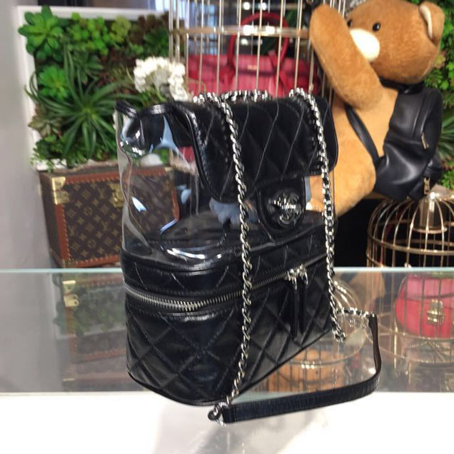 Chanel Crumpled Calfskin PVC Aquarium Backpack Bag 22cm Silver Hardware Lambskin Leather Spring Summer Collection Black