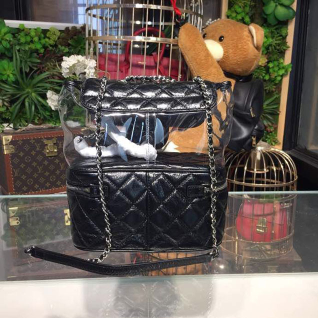 Chanel Crumpled Calfskin PVC Aquarium Backpack Bag 22cm Silver Hardware Lambskin Leather Spring Summer Collection Black