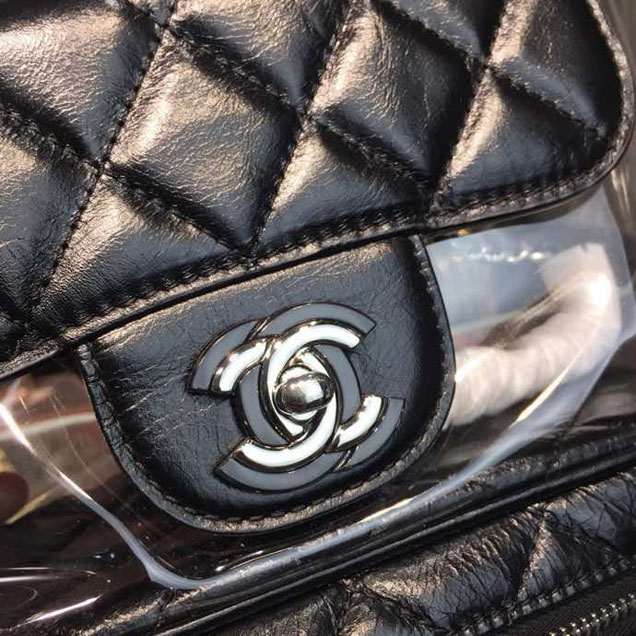 Chanel Crumpled Calfskin PVC Aquarium Backpack Bag 22cm Silver Hardware Lambskin Leather Spring Summer Collection Black