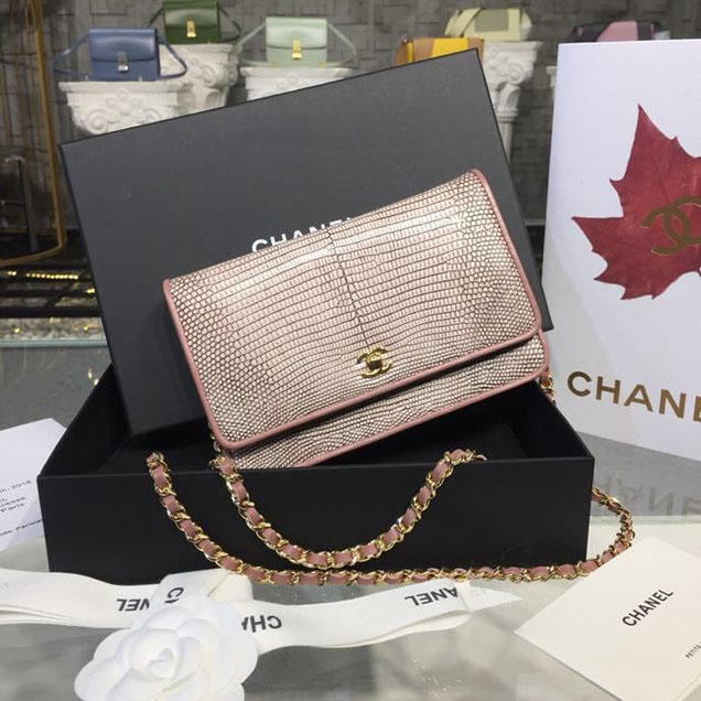 Chanel WOC Wallet on A Chain Bag 20cm Gold Hardware Lizard Skin Fall Winter 2018 Collection Pale Pink