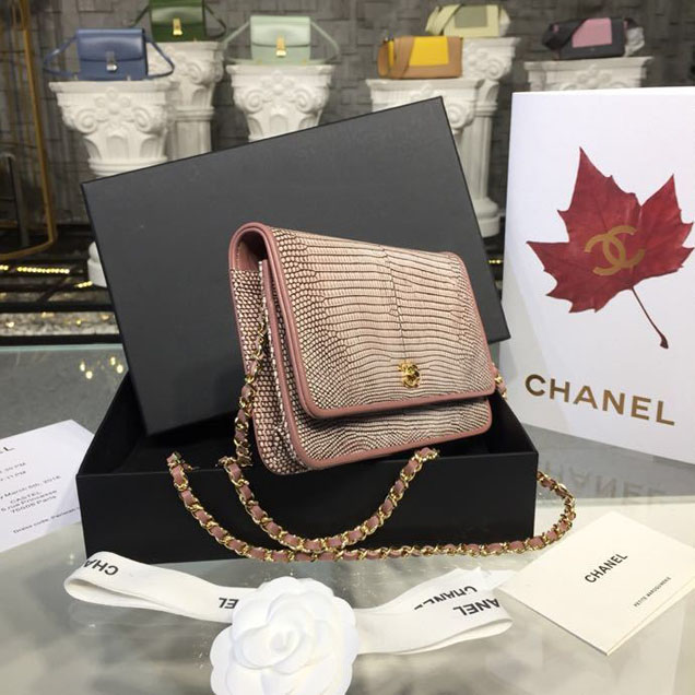 Chanel WOC Wallet on A Chain Bag 20cm Gold Hardware Lizard Skin Fall Winter 2018 Collection Pale Pink