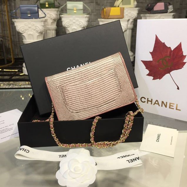 Chanel WOC Wallet on A Chain Bag 20cm Gold Hardware Lizard Skin Fall Winter 2018 Collection Pale Pink