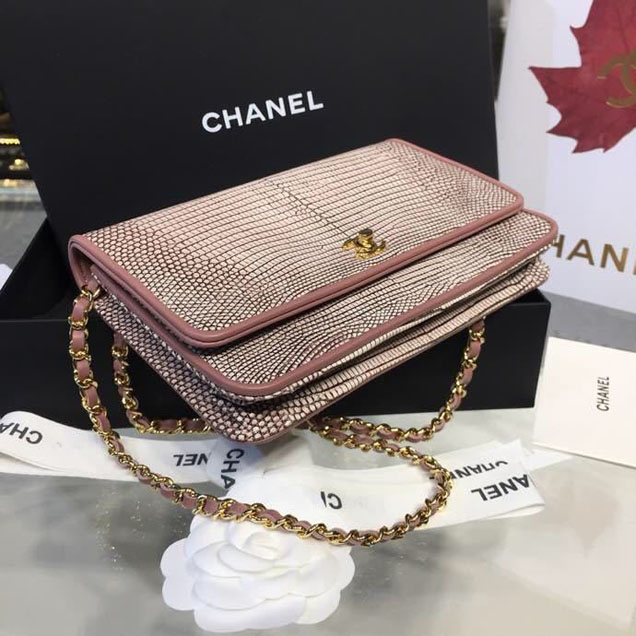 Chanel WOC Wallet on A Chain Bag 20cm Gold Hardware Lizard Skin Fall Winter 2018 Collection Pale Pink