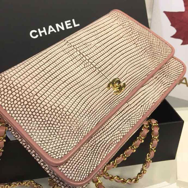 Chanel WOC Wallet on A Chain Bag 20cm Gold Hardware Lizard Skin Fall Winter 2018 Collection Pale Pink