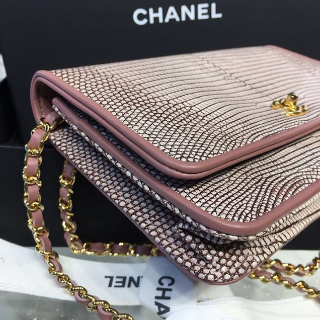 Chanel WOC Wallet on A Chain Bag 20cm Gold Hardware Lizard Skin Fall Winter 2018 Collection Pale Pink