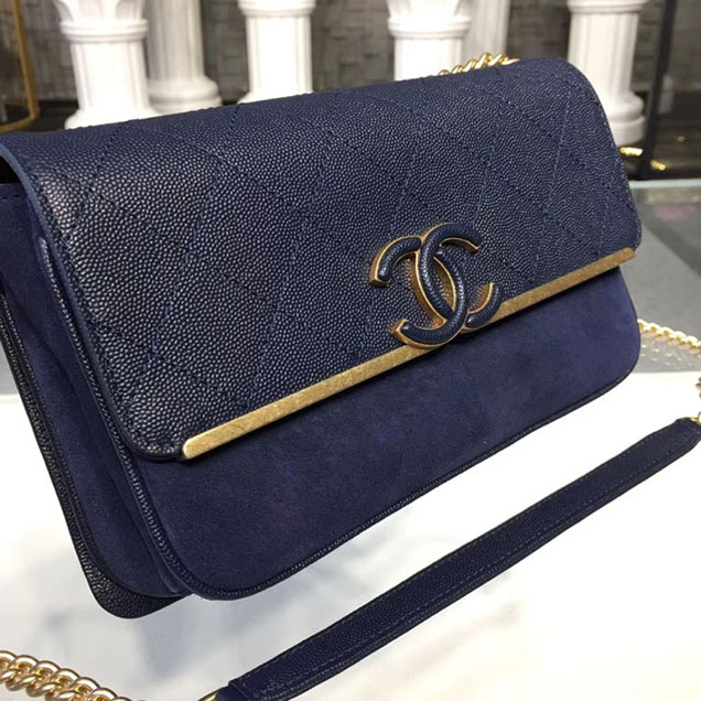 Chanel Grained Calfskin and Suede Flap Small Bag A57560 Navy Blue 2018