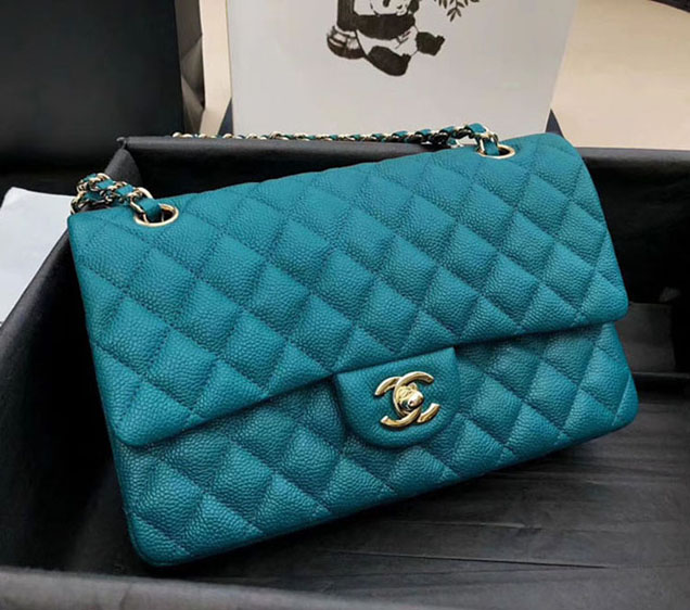 Chanel Classic Flap Bag 30cm Peacock Blue Grained Calfskin Silver-Tone Metal