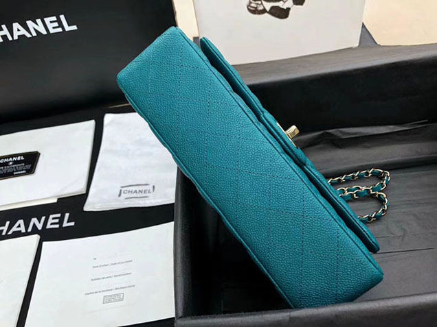 Chanel Classic Flap Bag 30cm Peacock Blue Grained Calfskin Silver-Tone Metal