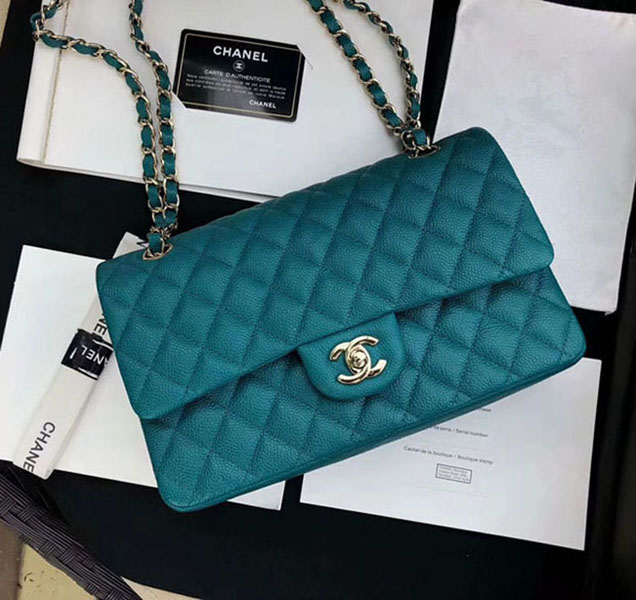 Chanel Classic Flap Bag 30cm Peacock Blue Grained Calfskin Silver-Tone Metal