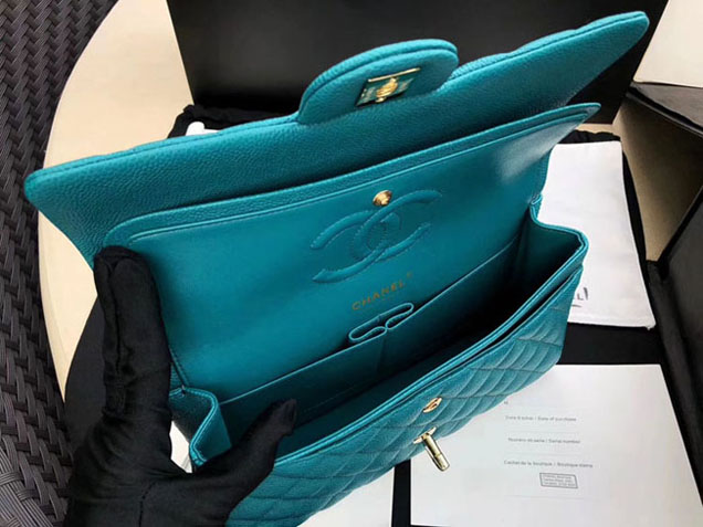 Chanel Classic Flap Bag 30cm Peacock Blue Grained Calfskin Silver-Tone Metal