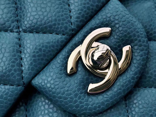 Chanel Classic Flap Bag 30cm Peacock Blue Grained Calfskin Silver-Tone Metal