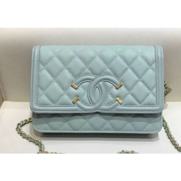 Chanel CC Filigree Grained Calfskin Wallet On Chain WOC Bag A84451 Light Green 2018