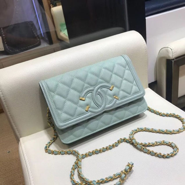 Chanel CC Filigree Grained Calfskin Wallet On Chain WOC Bag A84451 Light Green 2018