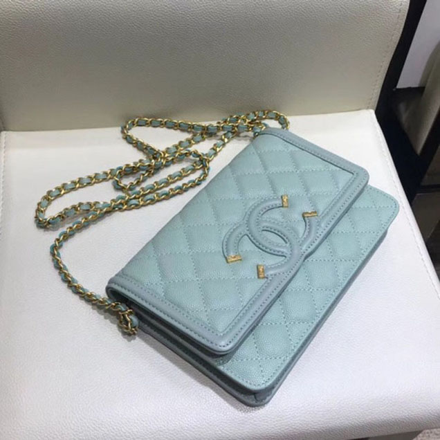 Chanel CC Filigree Grained Calfskin Wallet On Chain WOC Bag A84451 Light Green 2018